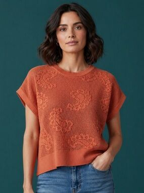 DR2 Danielle Rainn Paisley Open Stitch Cotton Sweater Tank Brick Orange Size M